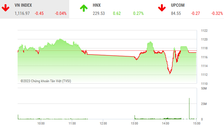 N-Index giảm 0,45 điểm (-0,04%), xuống 1.116,97 điểm.